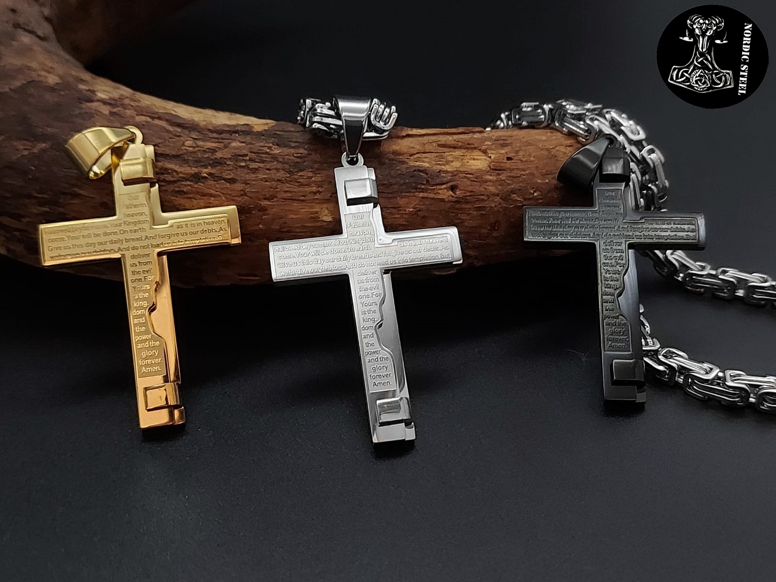 Kreuz mit Gebet in silber/schwarz/gold