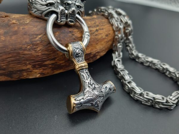 Thors Hammer Wolfskette Silber mit Gold – Bild 3