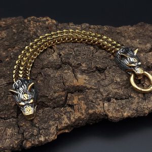 Wolfsköpfe mit vierkant Panzerkette in Gold